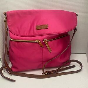 Dooney & Bourke Fuchsia Pink Crossbody Bag with Brown Leather Trim. Spacious